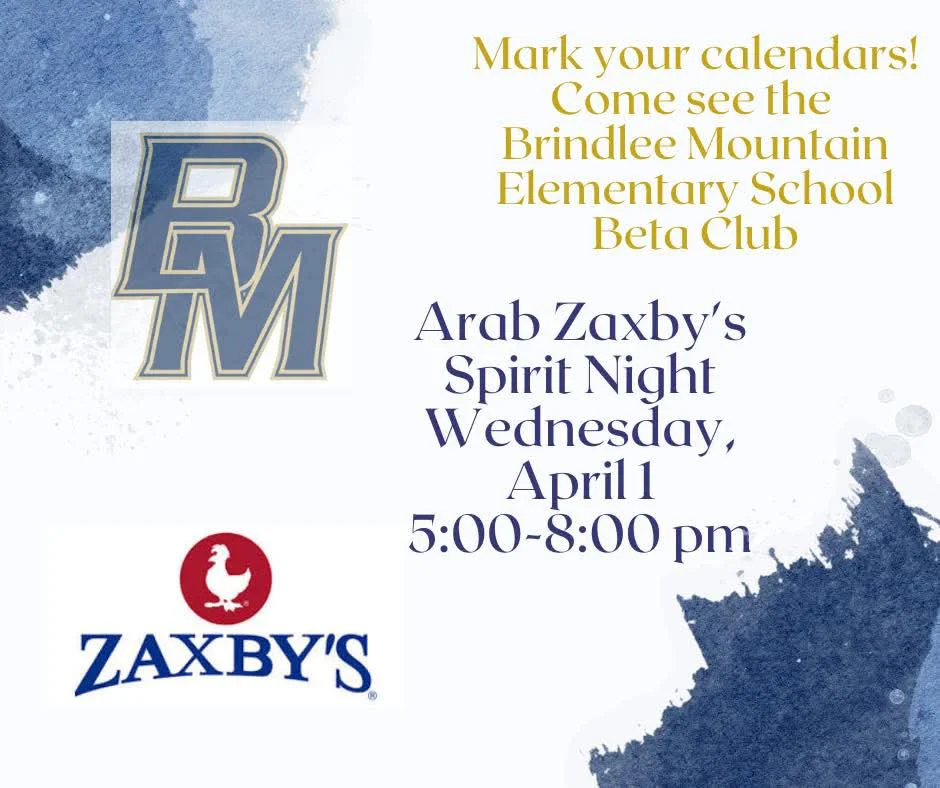 Brindlee Moutntain Elementary Beta Club at the Arab Zaxby's from 8-5pm